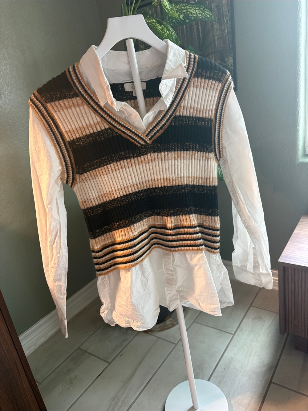 Striped V-Neck Sweater Vest in Black and Cream